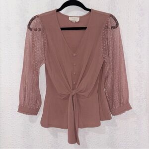 Flower & Feather Mauve Tie Front Blouse Sheer Sleeve Boho Top Size Medium